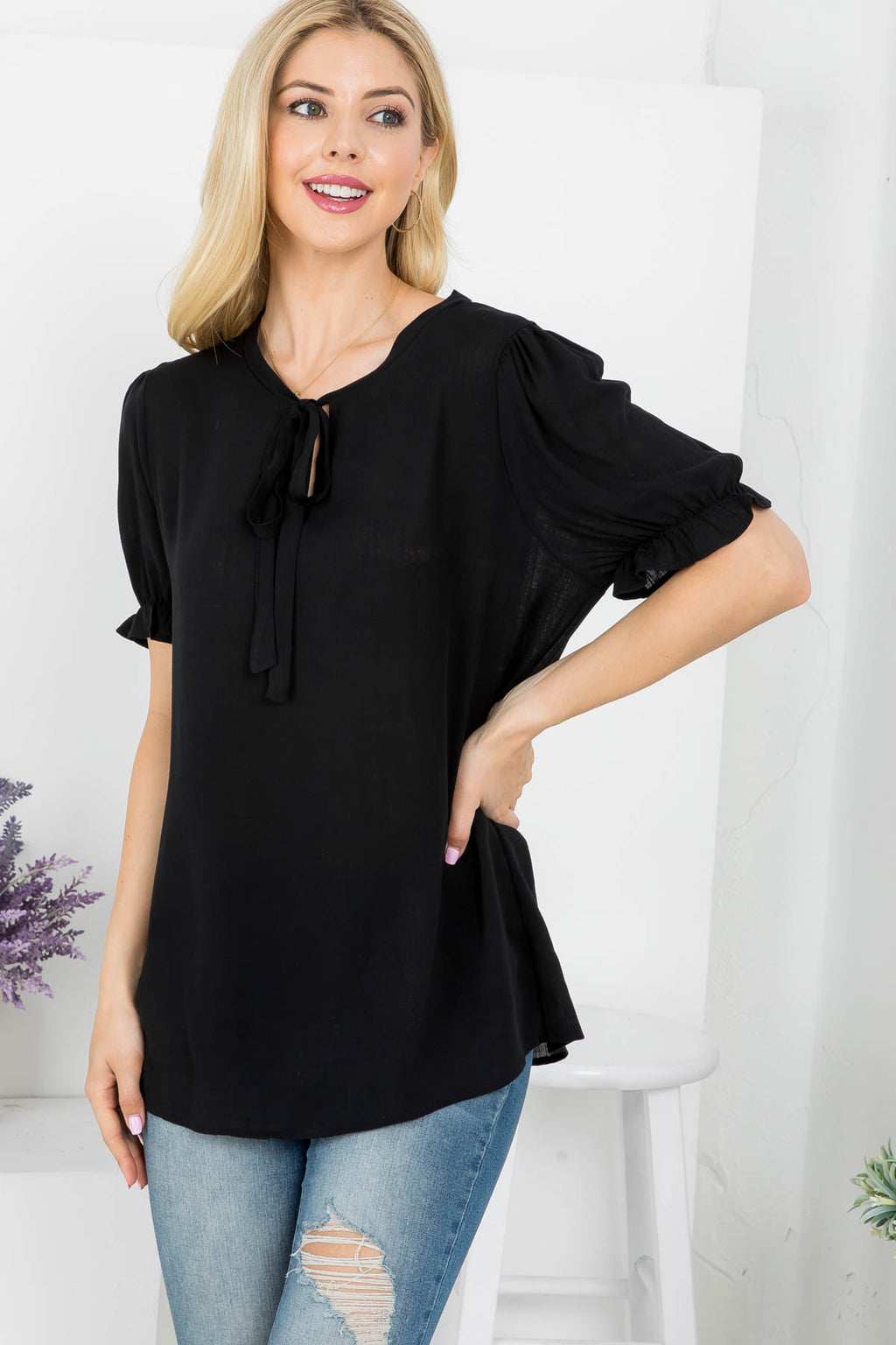 Tie front neck short sleeve woven top Black