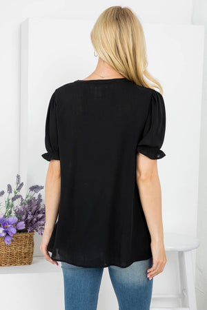 Tie front neck short sleeve woven top Black