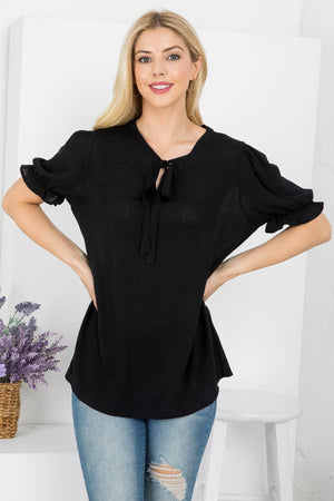 Tie front neck short sleeve woven top Black