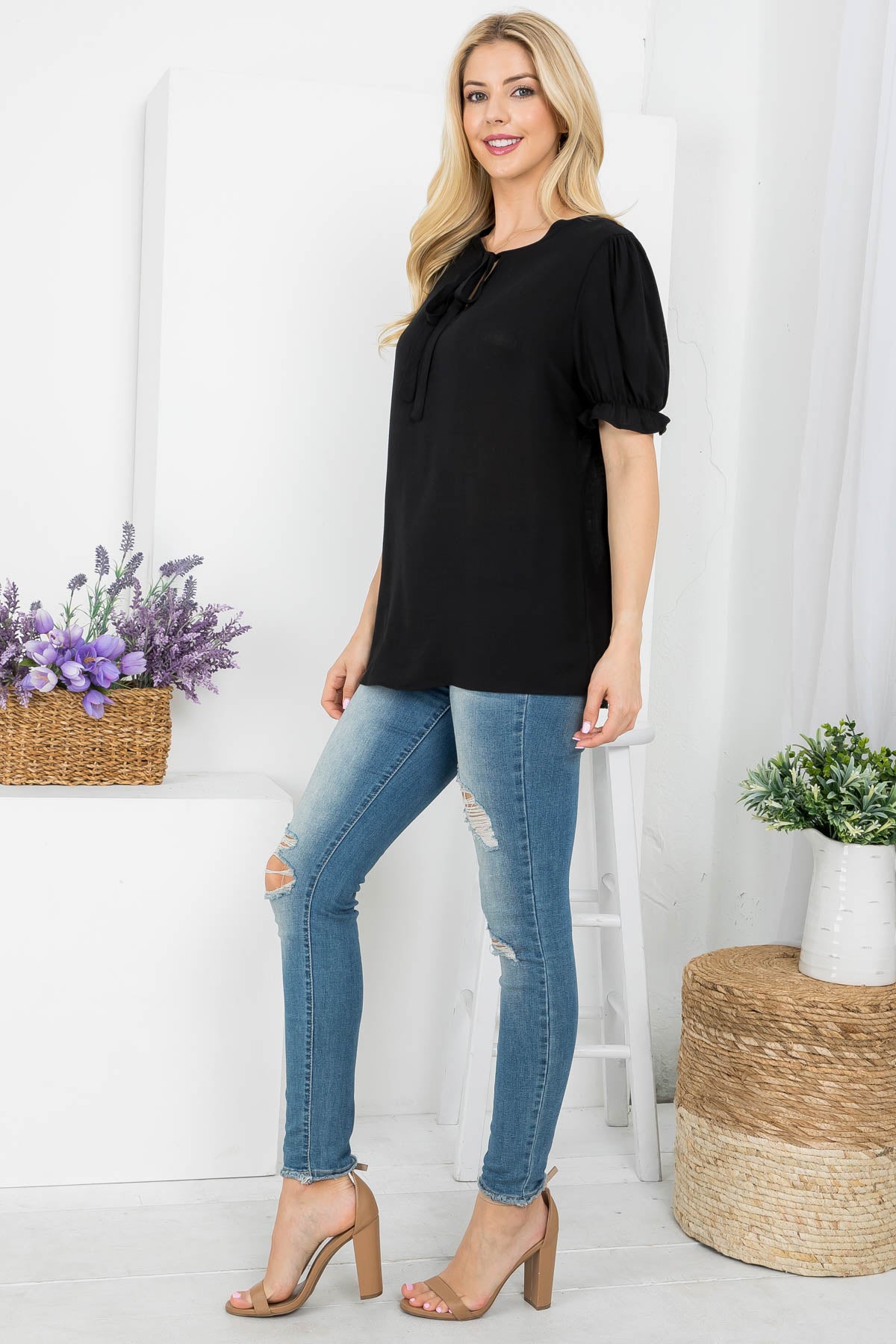 Tie front neck short sleeve woven top Black