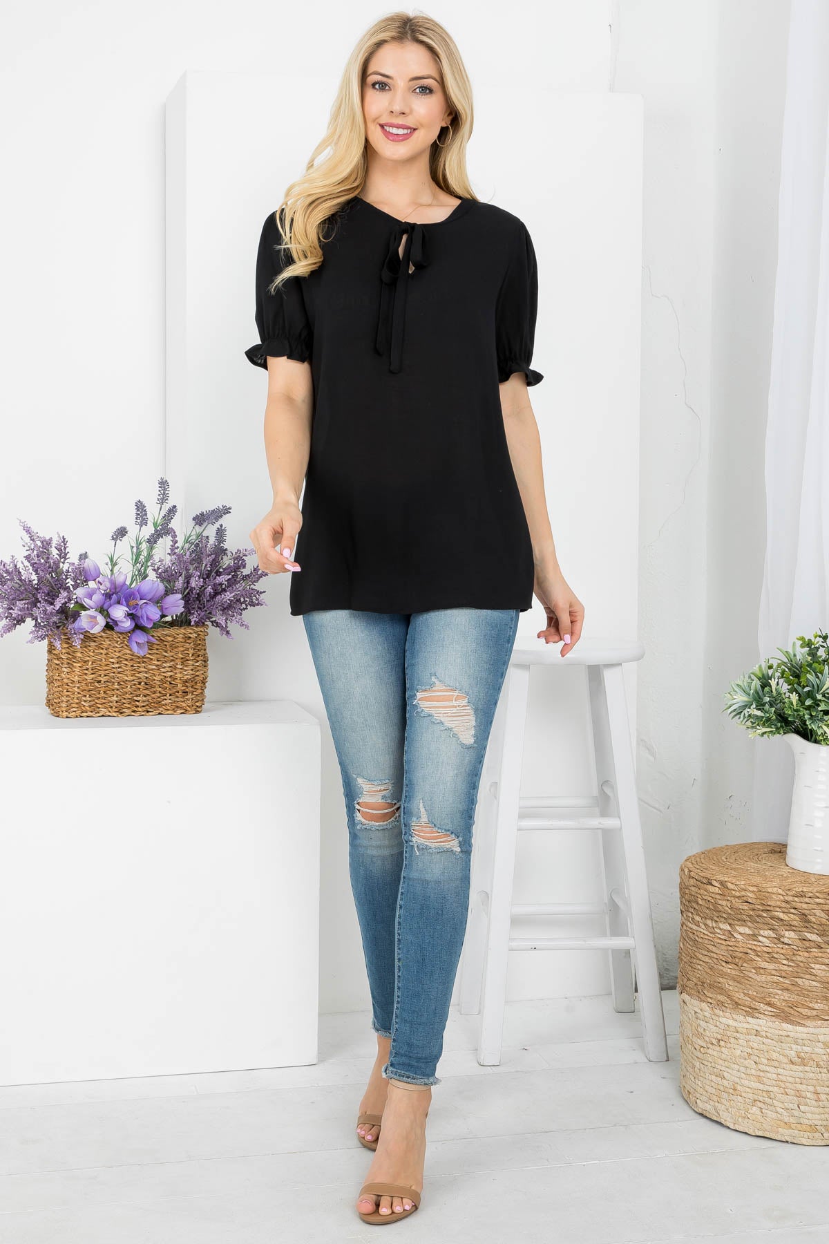 Tie front neck short sleeve woven top Black