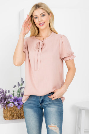 Tie front neck short sleeve woven top Dusty Rose