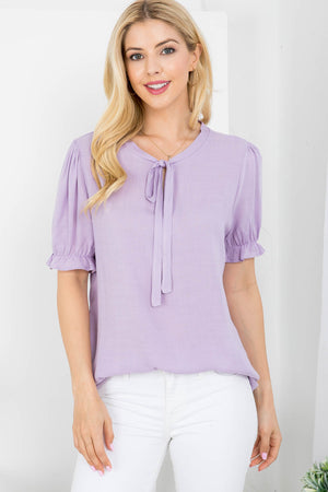 Tie front neck short sleeve woven top lilac