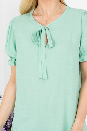 Tie front neck short sleeve woven top Sage