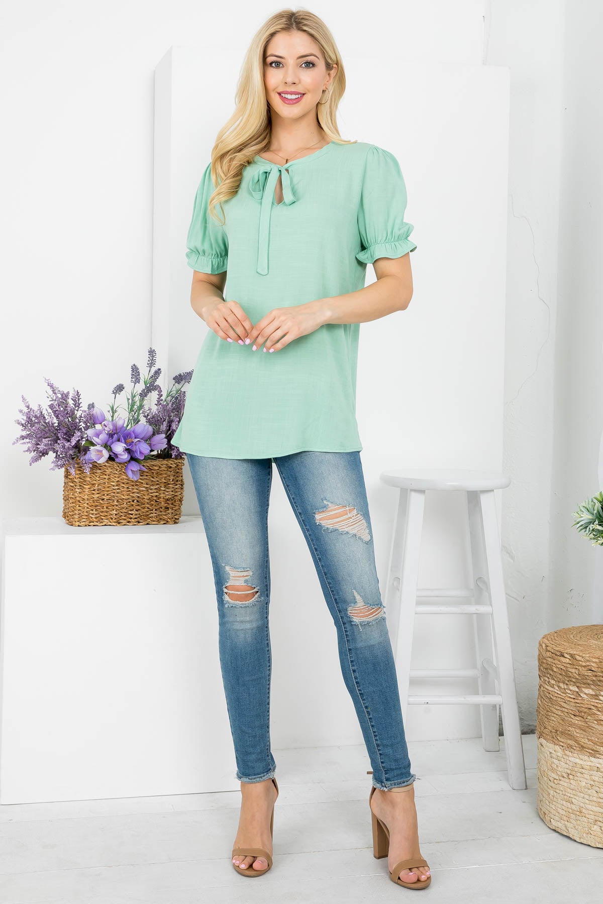 Tie front neck short sleeve woven top Sage