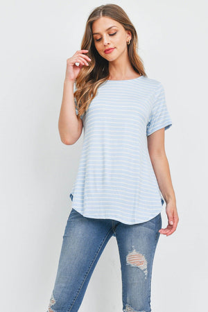 Short sleeve summer stripe button back baby blue