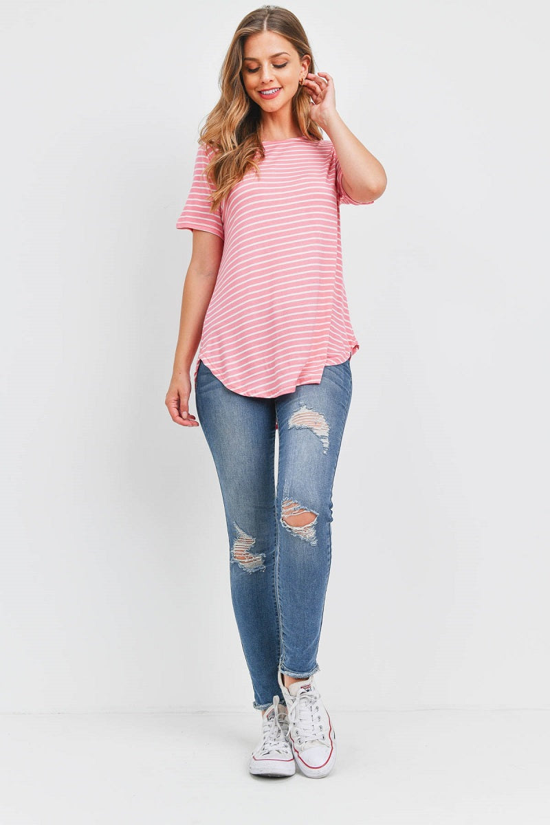 Short sleeve summer stripe button back Peach