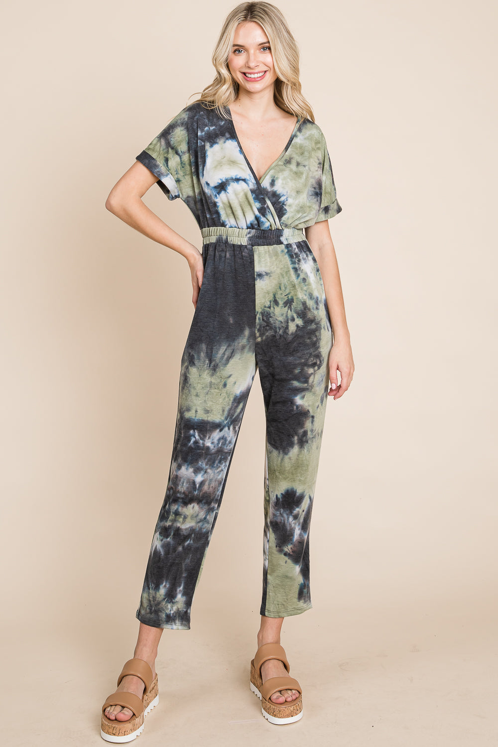 V Neck short sleeve french terry olive jumpsuit