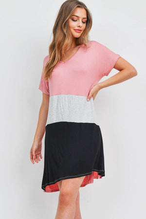 V neck color block dolman sleeve rose dress