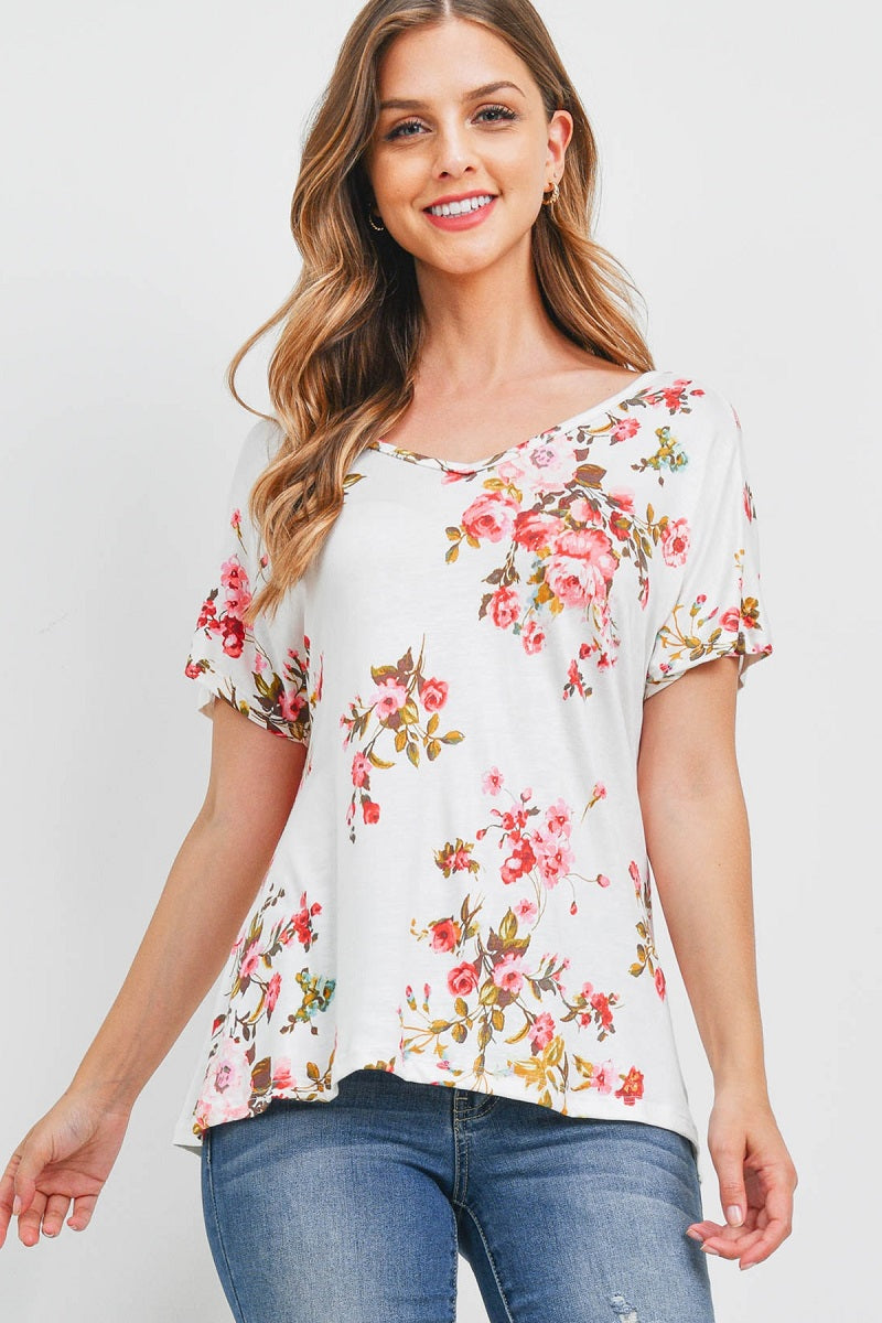 Short Sleeve v neck open back flower top Ivory