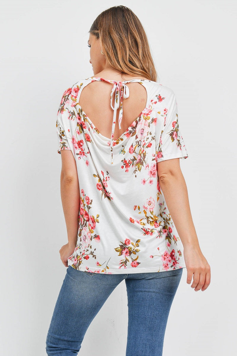 Short Sleeve v neck open back flower top Ivory