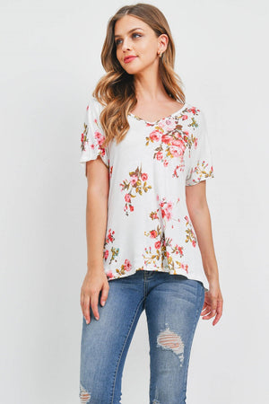 Short Sleeve v neck open back flower top Ivory