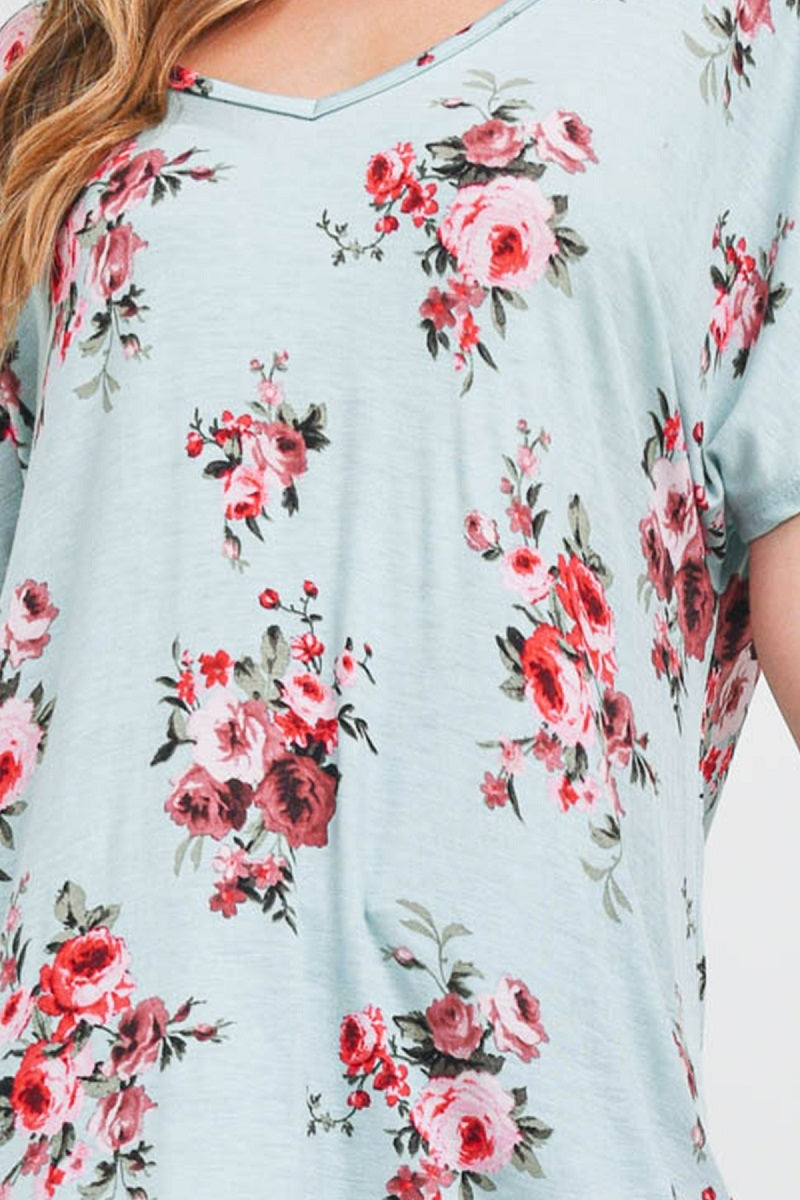 Short Sleeve v neck open back flower top Sage