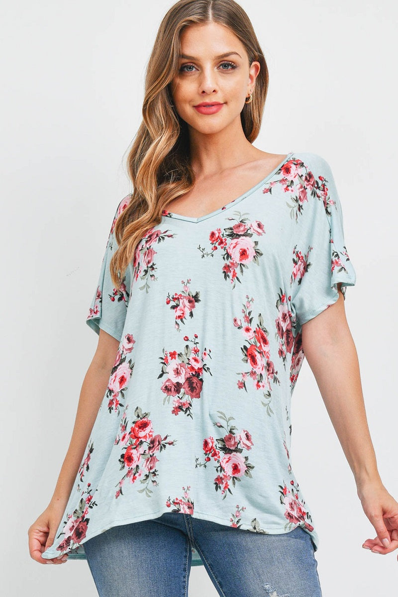 Short Sleeve v neck open back flower top Sage