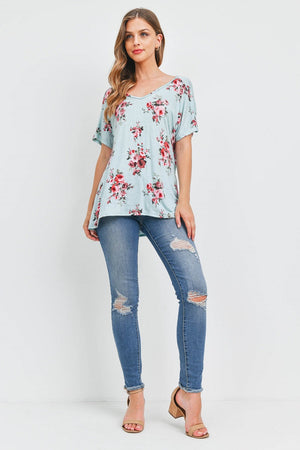 Short Sleeve v neck open back flower top Sage