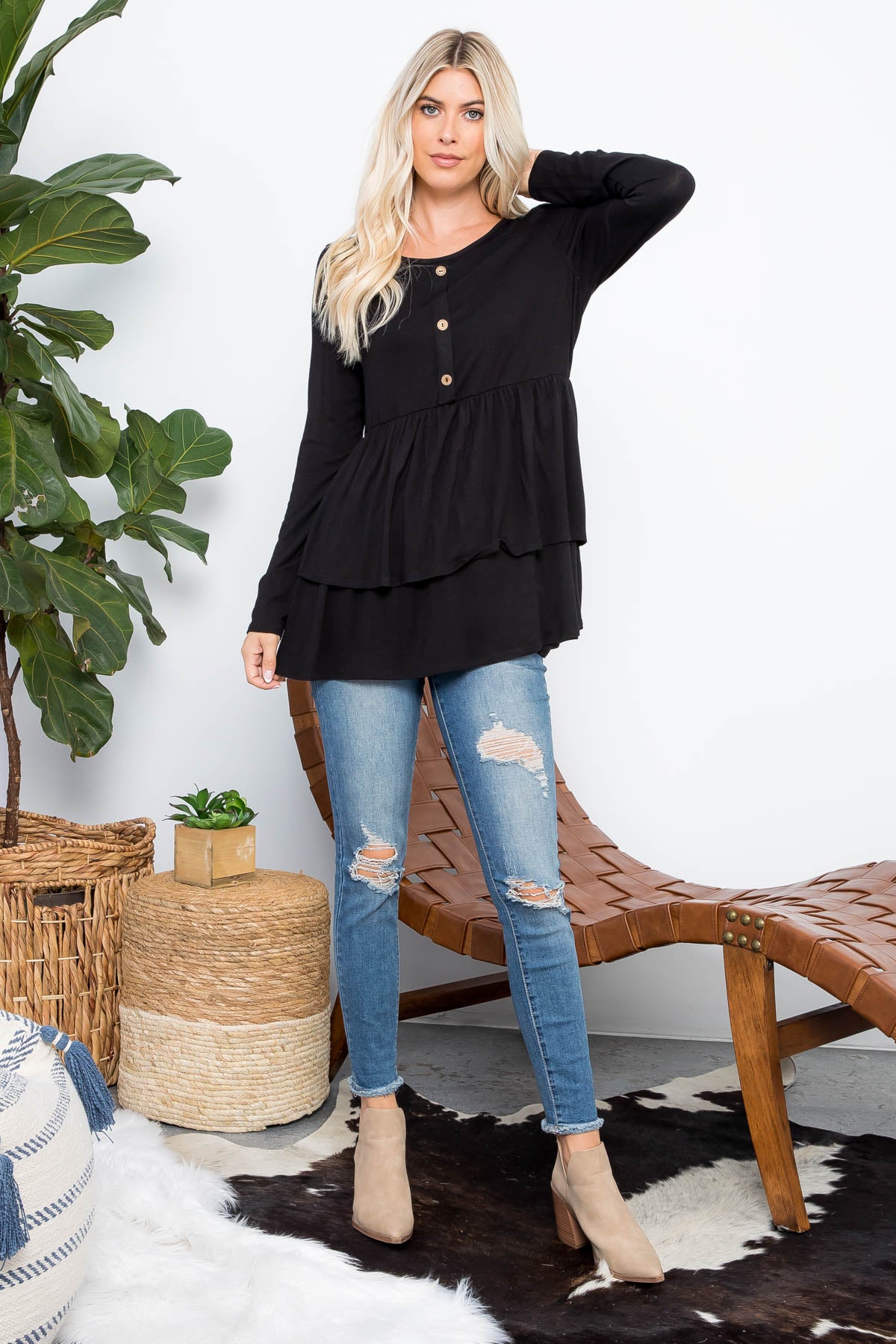 Double layered button front tunic top