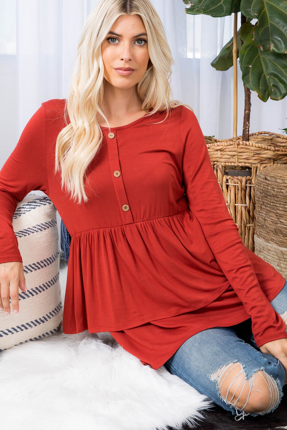 Double layered button front tunic rust top