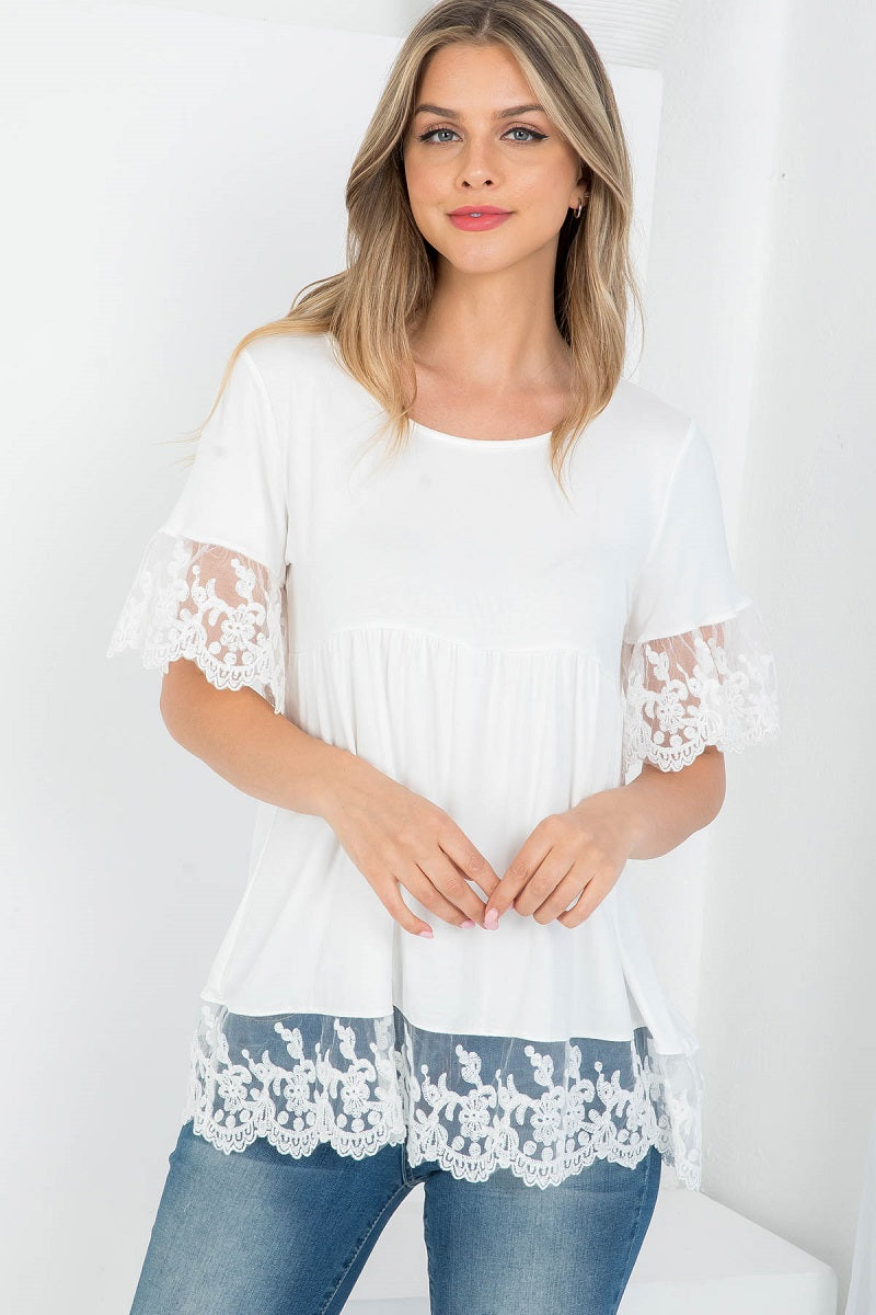 Short sleeve with crocket lace round neck blouse top in ivory