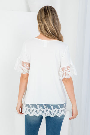 Short sleeve with crocket lace round neck blouse top in ivory