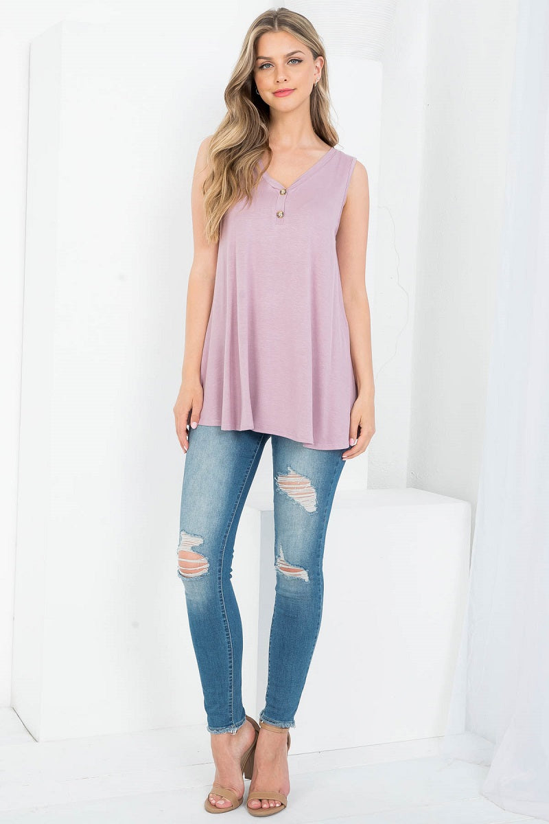 Sleeveless button front tunic top Lavender