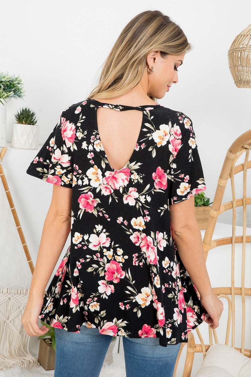 Twist neck band flower print open back top Black