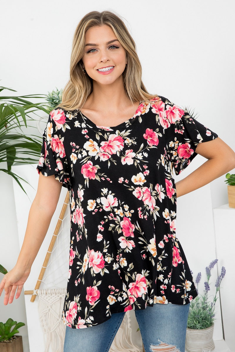 Twist neck band flower print open back top Black