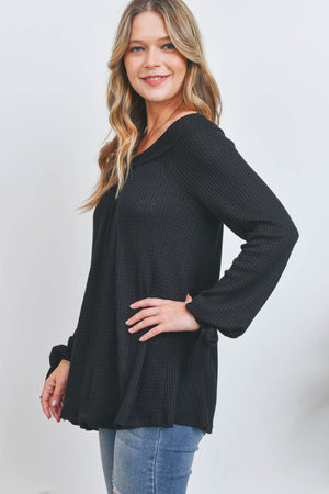 Off shoulder long sleeve waffle black top