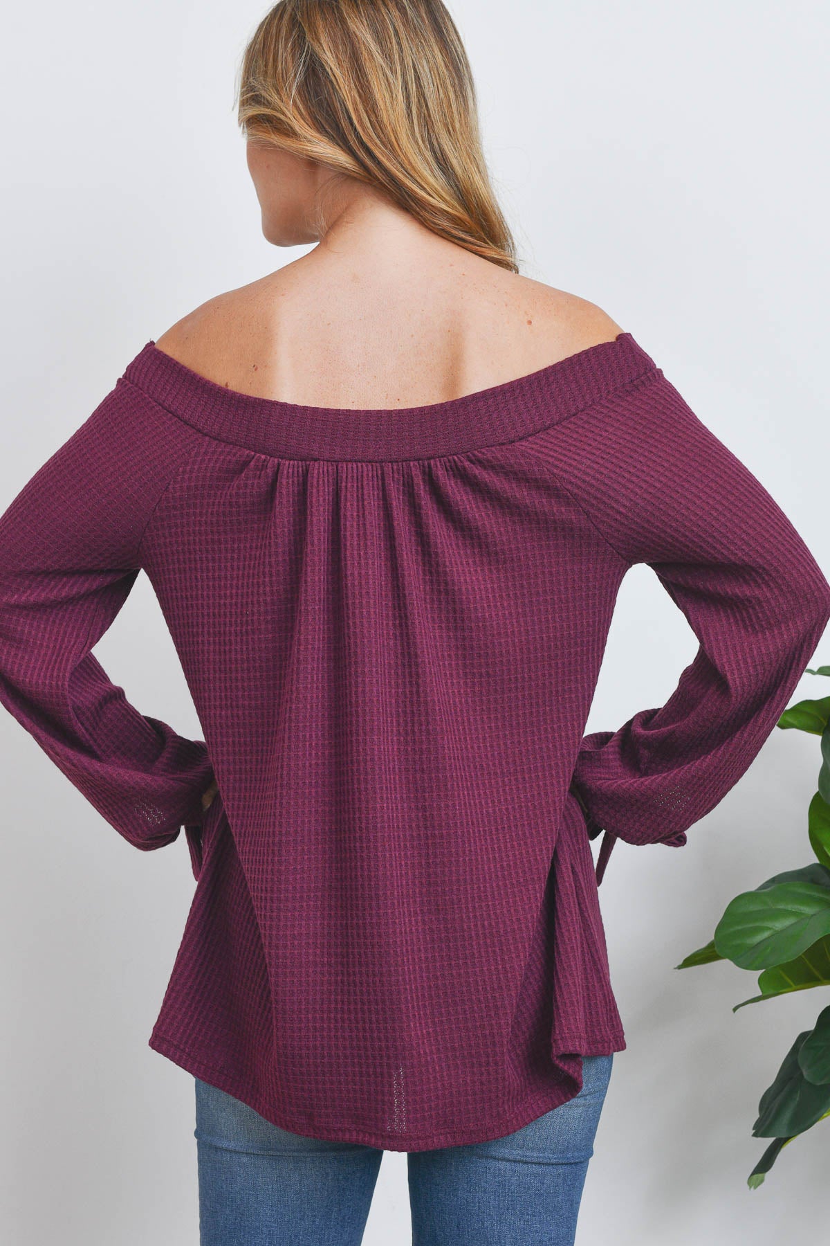 Off shoulder long sleeve waffle burgundy top