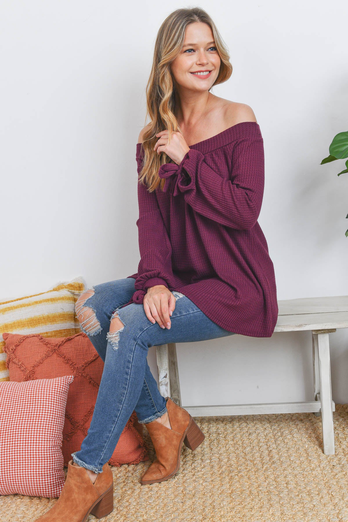 Off shoulder long sleeve waffle burgundy top