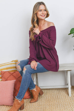 Off shoulder long sleeve waffle burgundy top