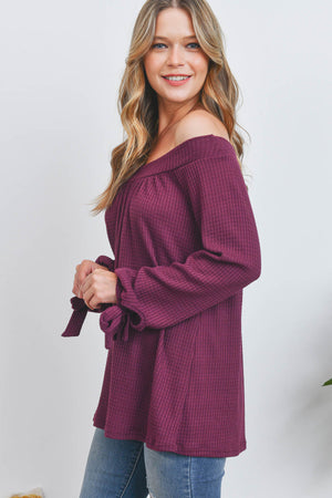 Off shoulder long sleeve waffle burgundy top