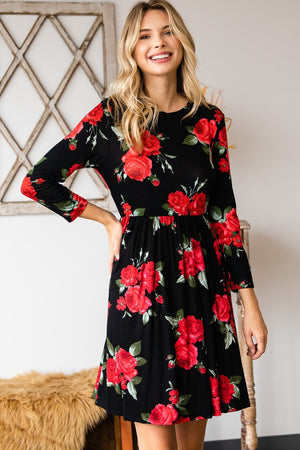 Round neck empire waist comfy dress black flower print