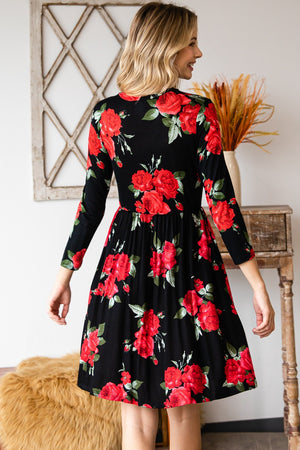 Round neck empire waist comfy dress black flower print