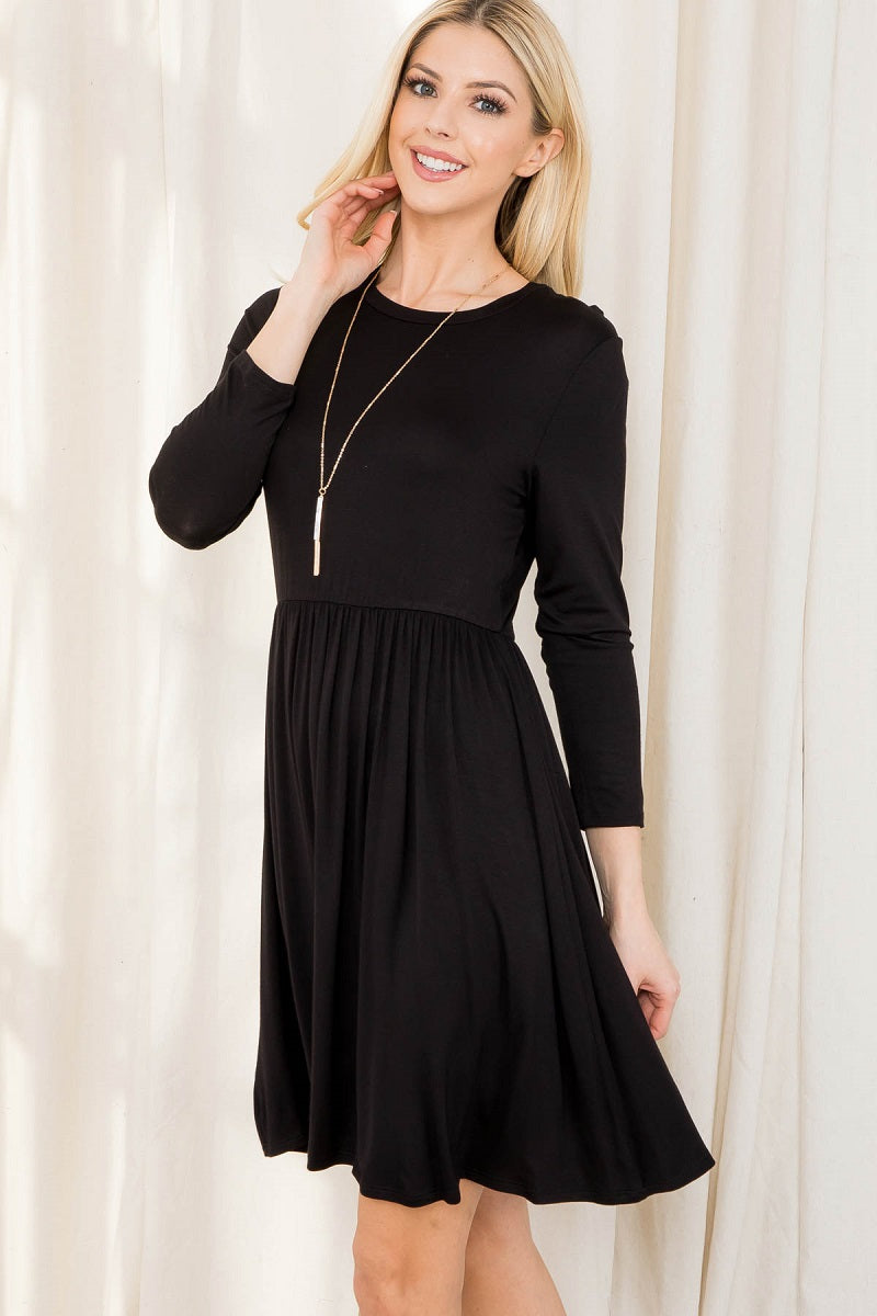 3/4 sleeve crew neck elastic waist black dress