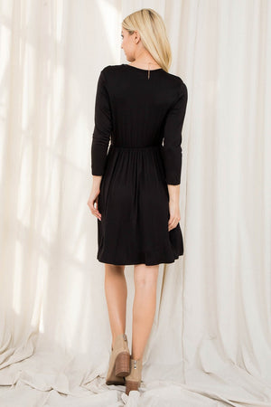 3/4 sleeve crew neck elastic waist black dress