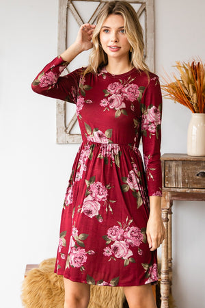 Round neck empire waist comfy dress burgundy flower print