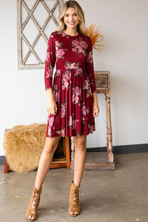 Round neck empire waist comfy dress burgundy flower print