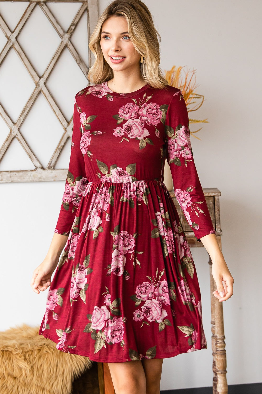 Round neck empire waist comfy dress burgundy flower print