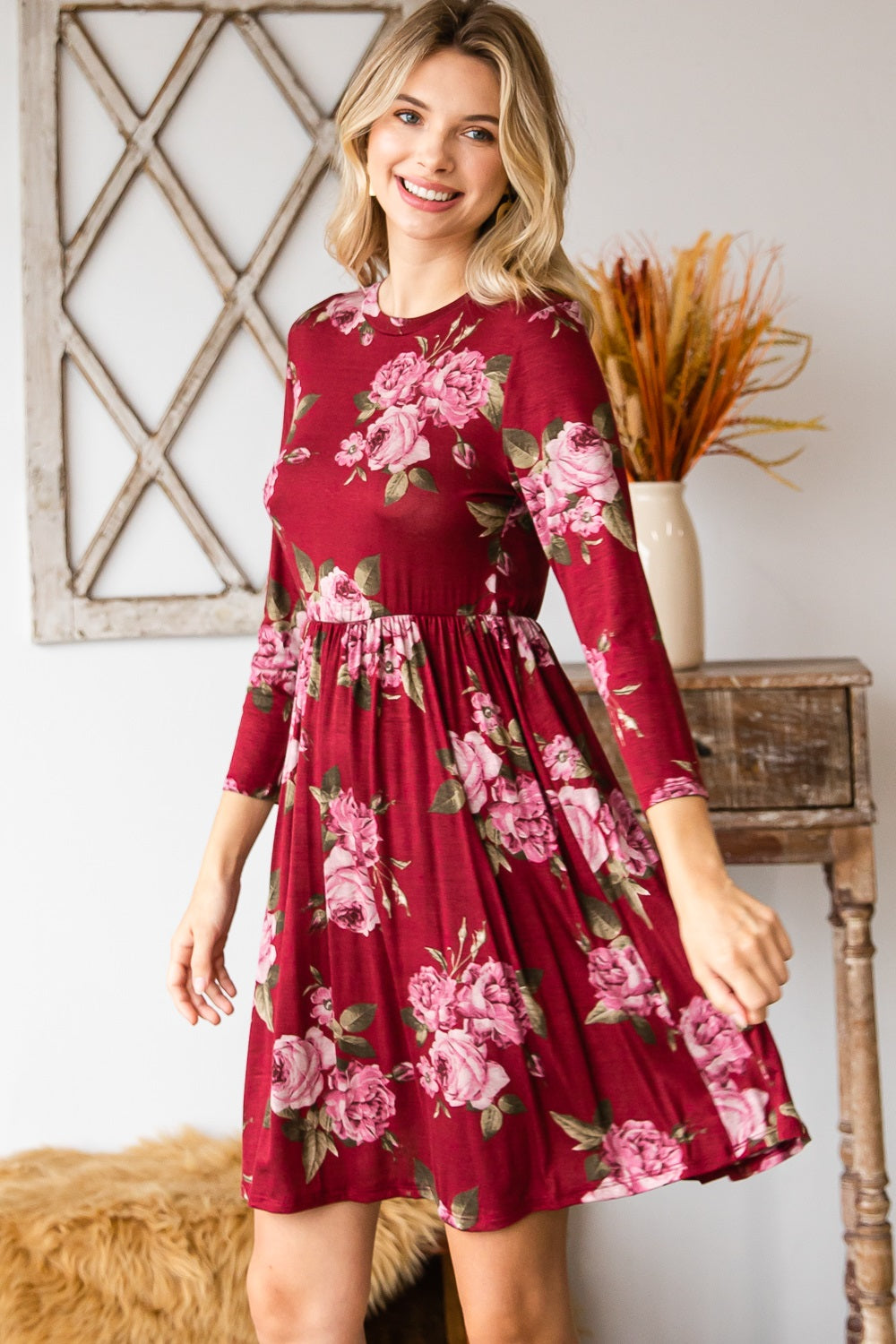 Round neck empire waist comfy dress burgundy flower print