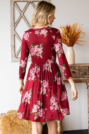 Round neck empire waist comfy dress burgundy flower print