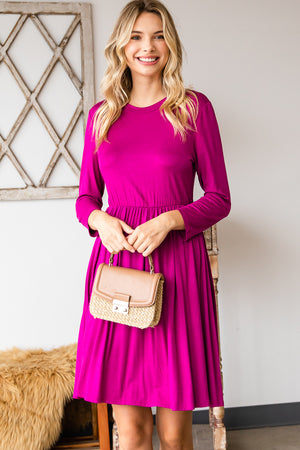 3/4 sleeve crew neck elastic waist magenta dress