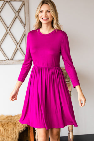 3/4 sleeve crew neck elastic waist magenta dress