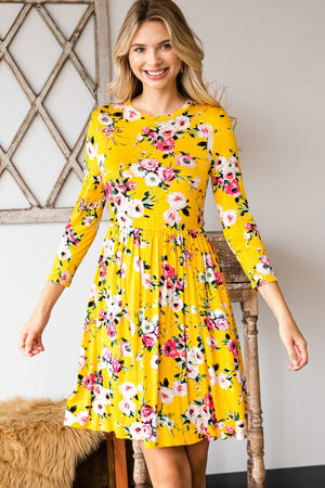 Round neck empire waist comfy dress mustard flower print