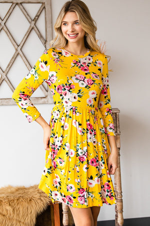 Round neck empire waist comfy dress mustard flower print