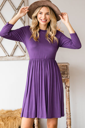 3/4 sleeve crew neck elastic waist violet dress