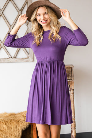 3/4 sleeve crew neck elastic waist violet dress