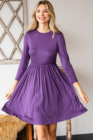 3/4 sleeve crew neck elastic waist violet dress