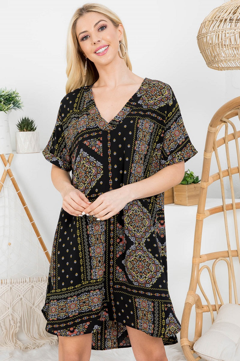 V neck folded short sleeve black boho print dress