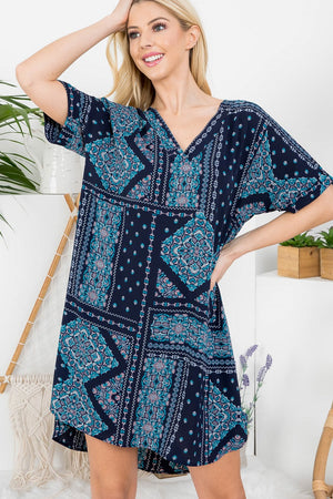 V neck folded short sleeve navy boho print dress