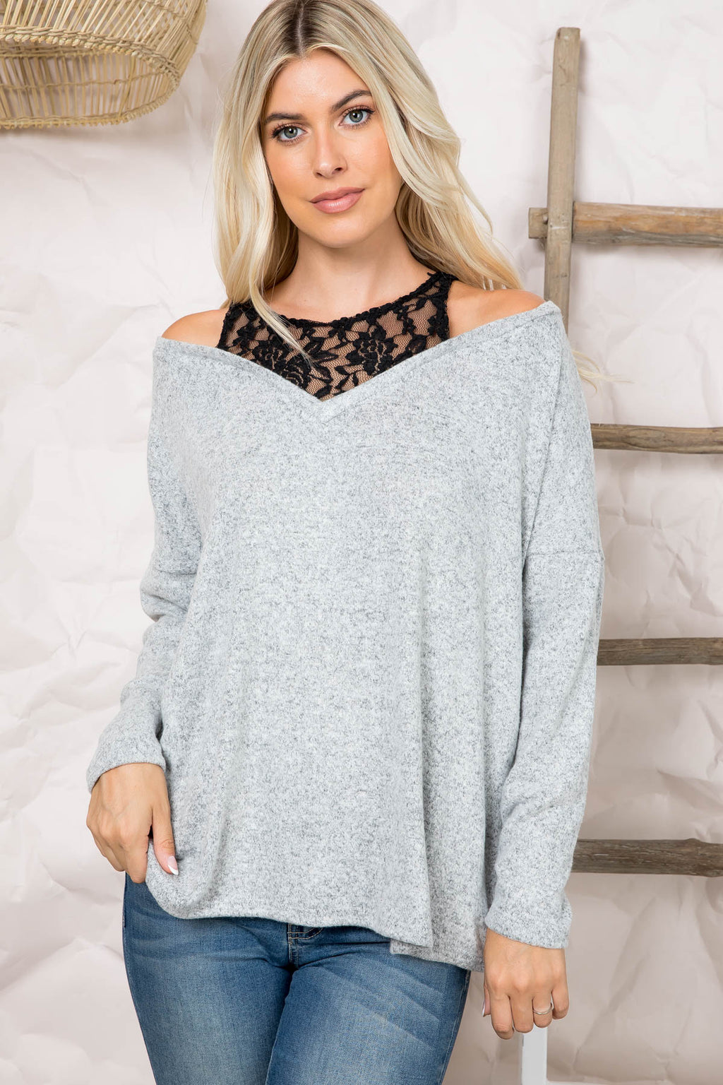 Long sleeve lace insert top